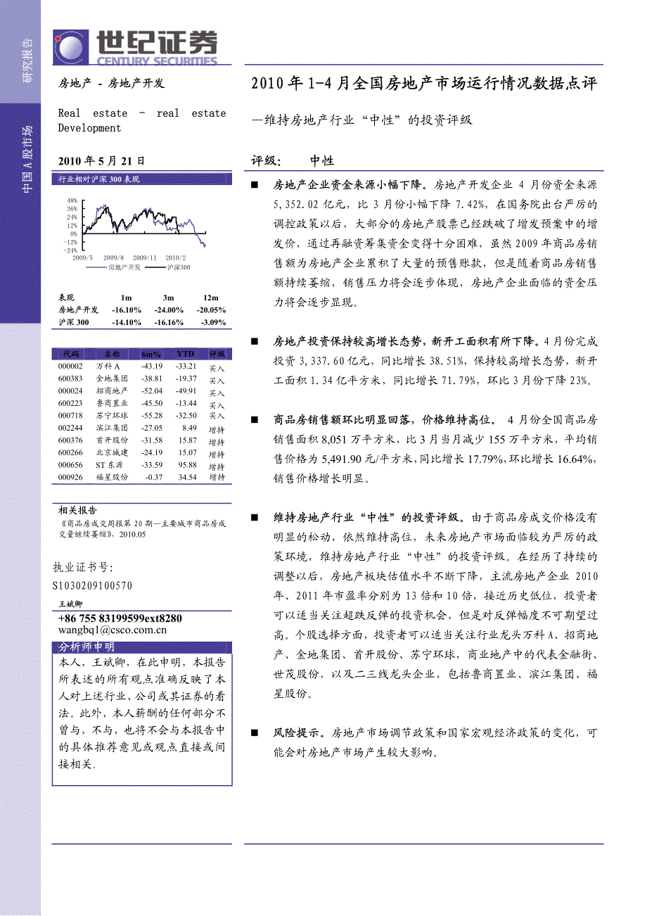 2010年14月全国房地产市场运行情况数据点评_第1页