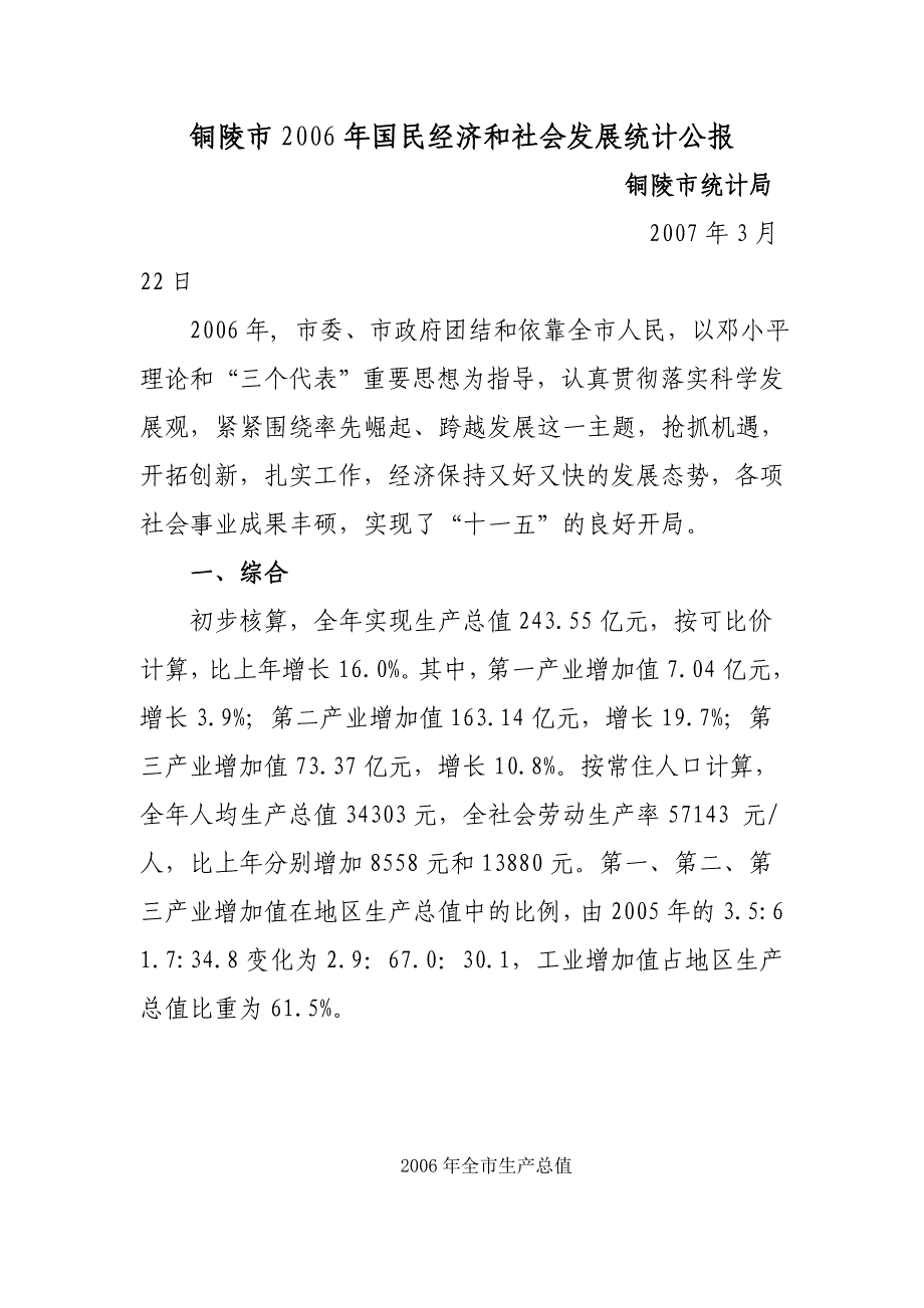 2006年铜陵市国民经济和社会发展统计公报_第1页