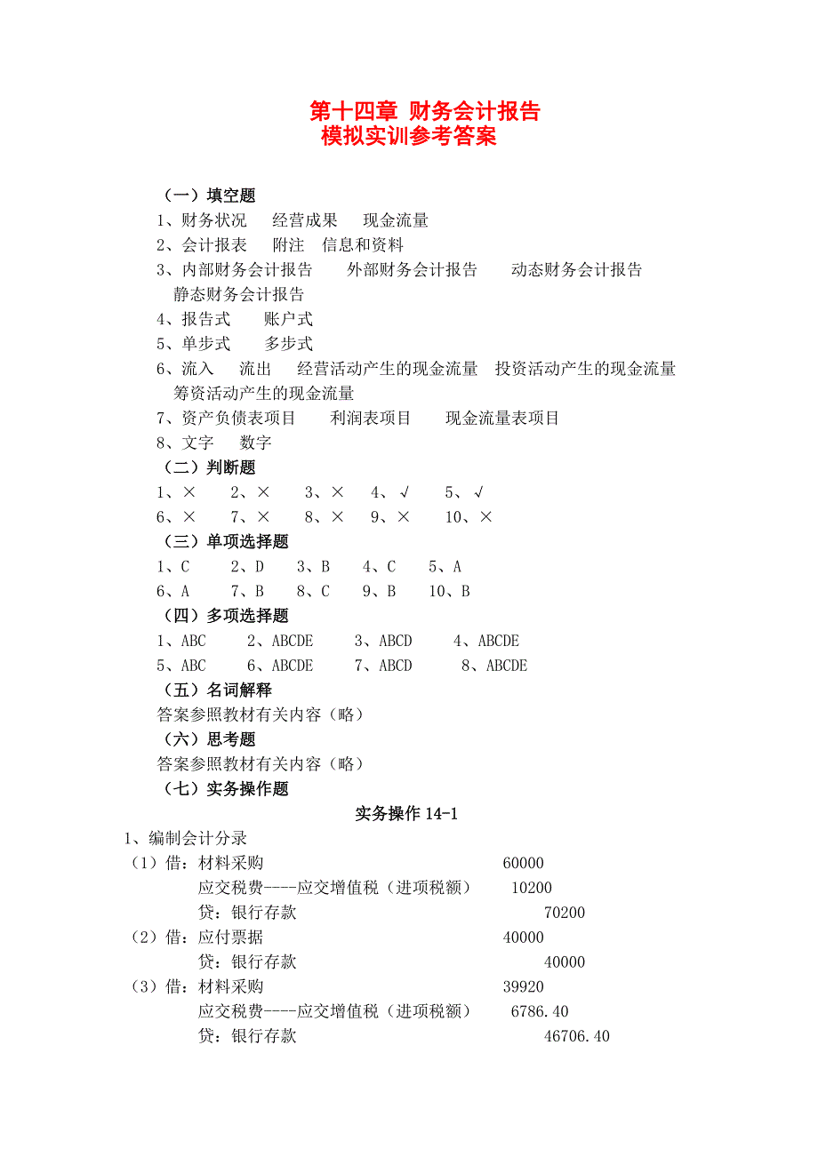 会计学基础-第十四章  财务会计报告答案_第1页