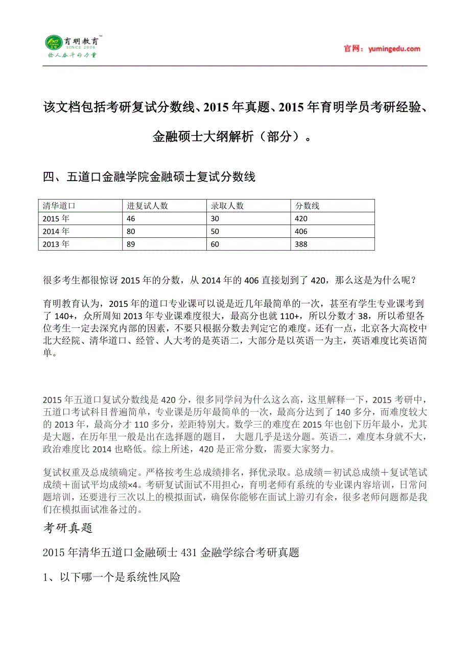 2015年清华大学金融硕士考研复试考研真题考试科目考研经验考研笔记考试大纲招生简章考研辅导复试真题7_第1页