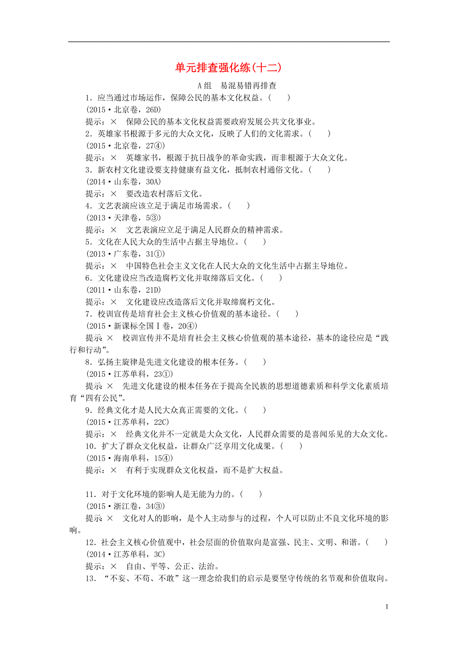 2019年高考政治一轮复习 单元排查强化练（十二）新人教版_第1页