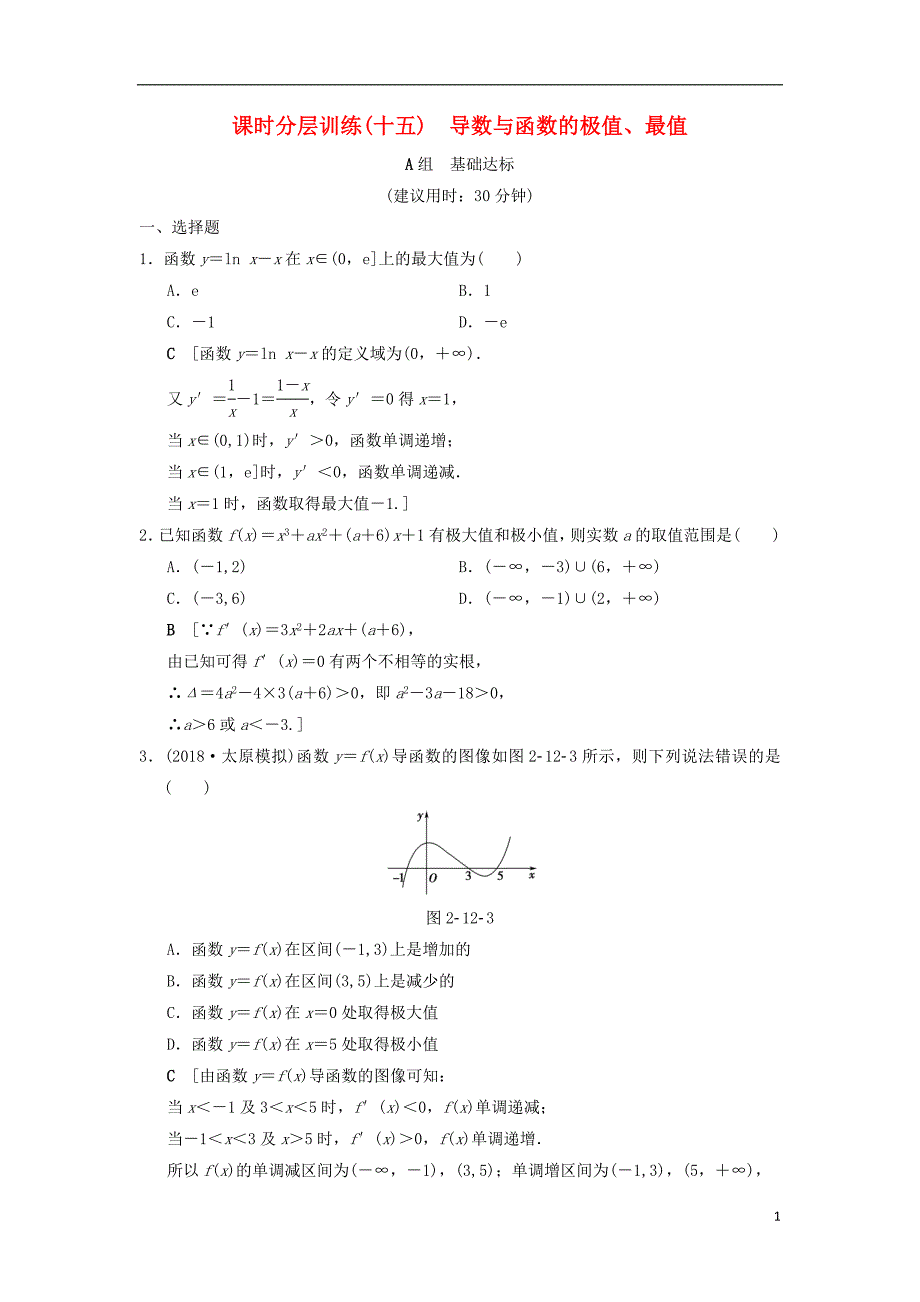 2019年高考数学一轮复习 课时分层训练15 导数与函数的极值、最值 文 北师大版_第1页