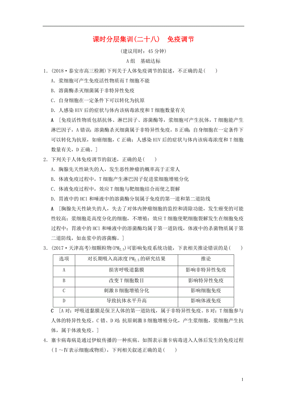 （全国版）2019版高考生物一轮复习 第8单元 生命活动的调节 课时分层集训28 免疫调节_第1页