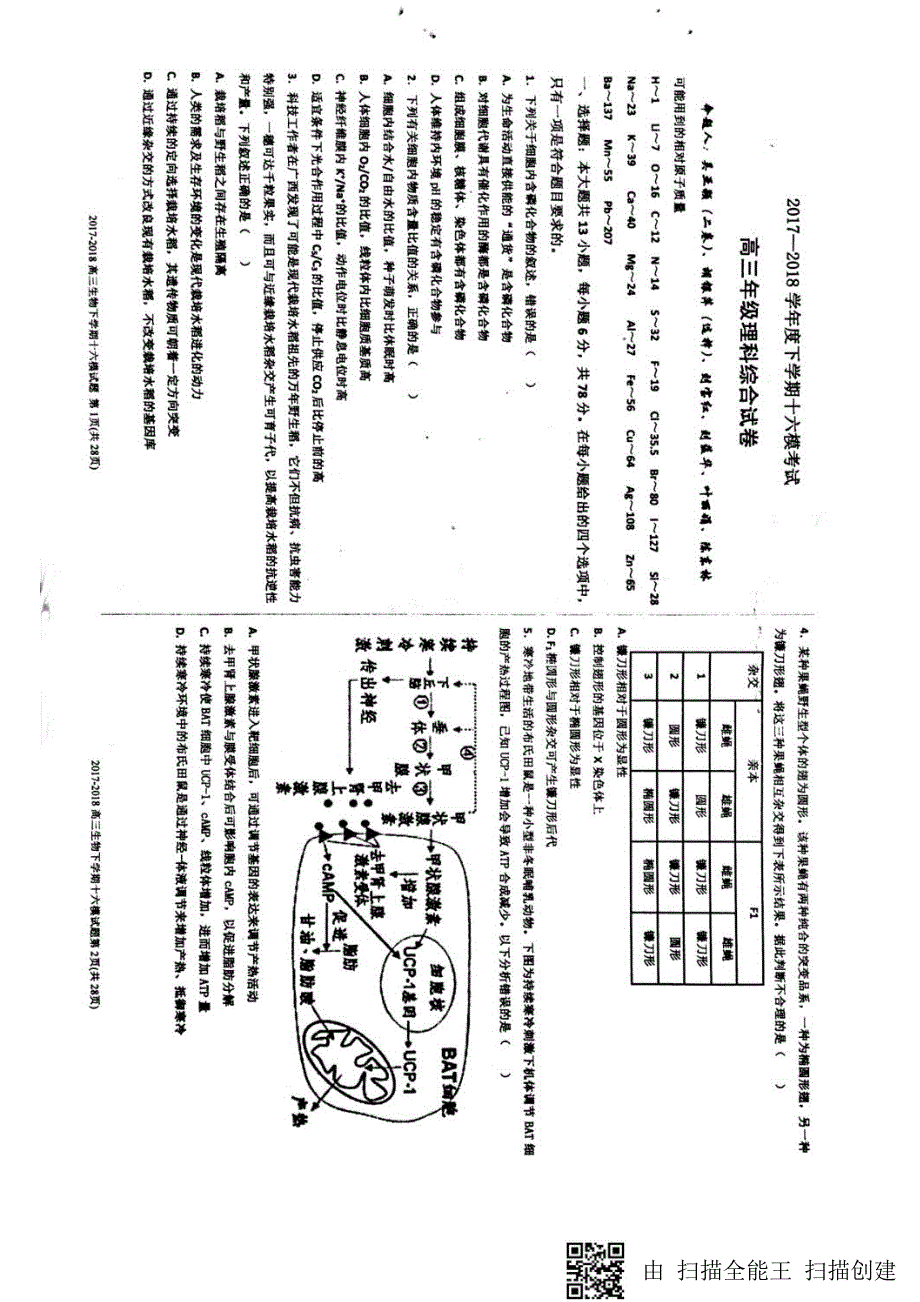 河北省衡水中学2018届高三十六模 理综试卷及物理化学答案_第1页