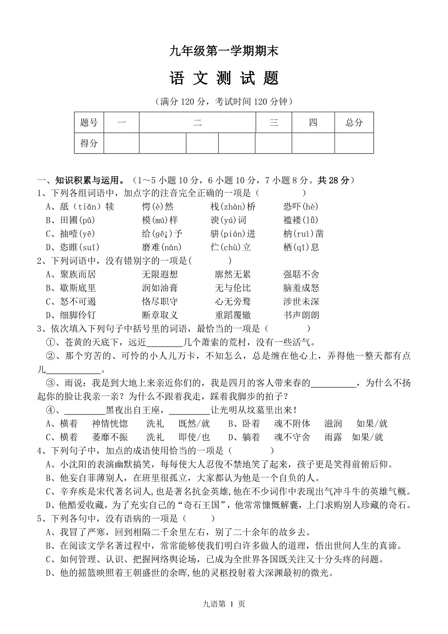 驻马店市九年级第一学期期末语文_第1页