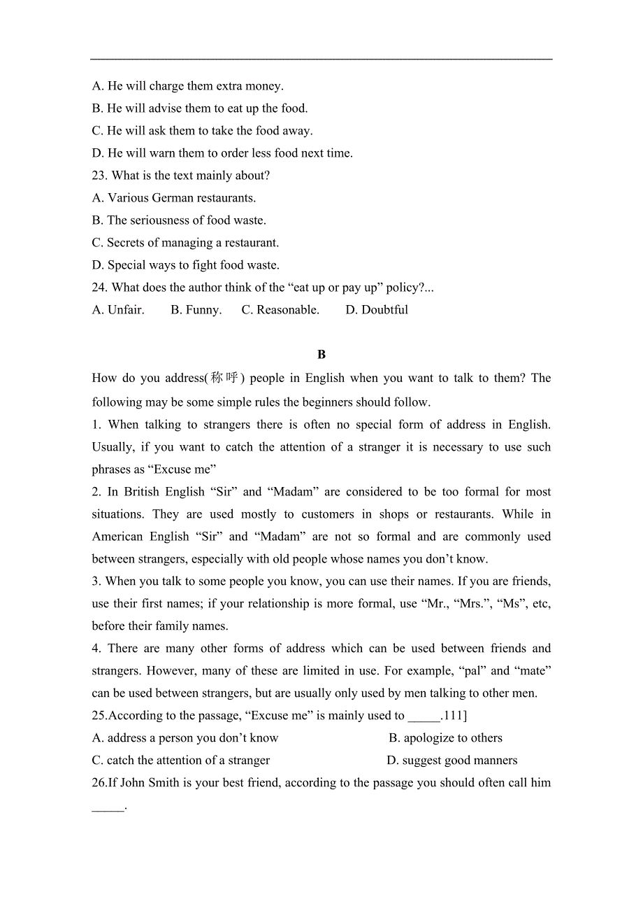 安徽省滁州市定远县育才学校2017-2018学年高一（普通班）下学期期中考试英语试题 word版含答案_第4页