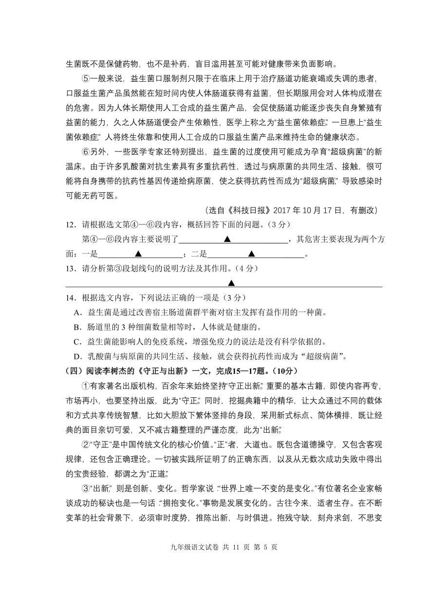 2017年兴化市九年级上学期期中语文试卷_第5页