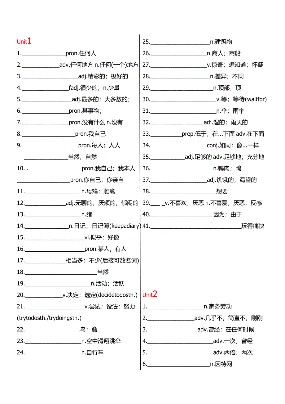 八年级英语单词默写1-10课_第1页