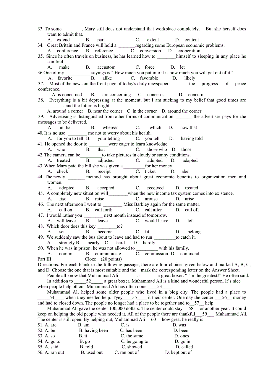 本科英语入学模拟考试 题及参考答案_第2页