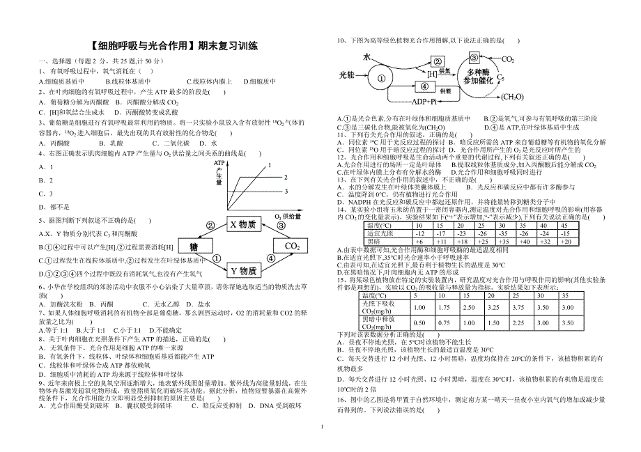 【细胞呼吸与光合作用】期末复习训练_第1页