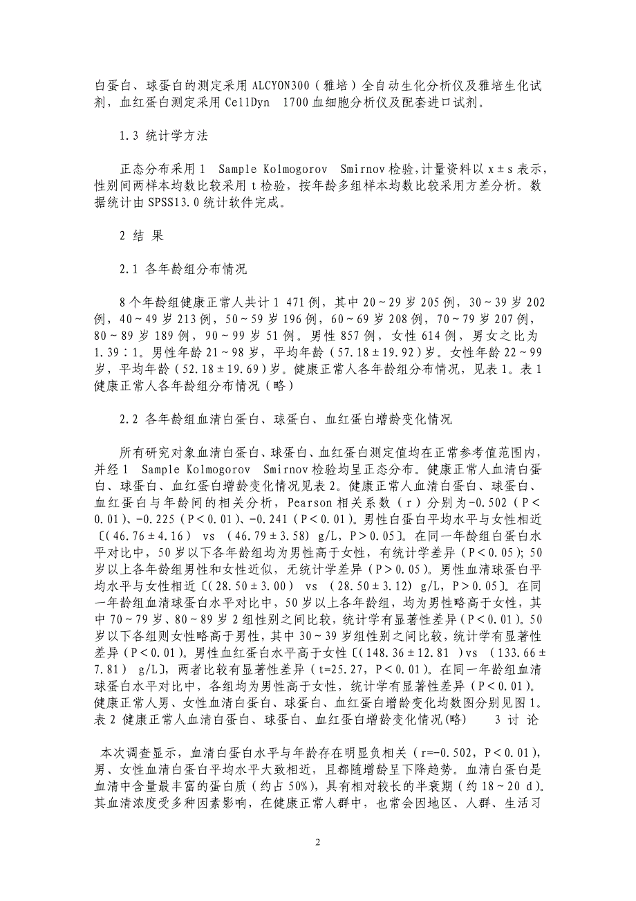 健康正常人群血清白蛋白、球蛋白、血红蛋白水平的增龄变化_第2页