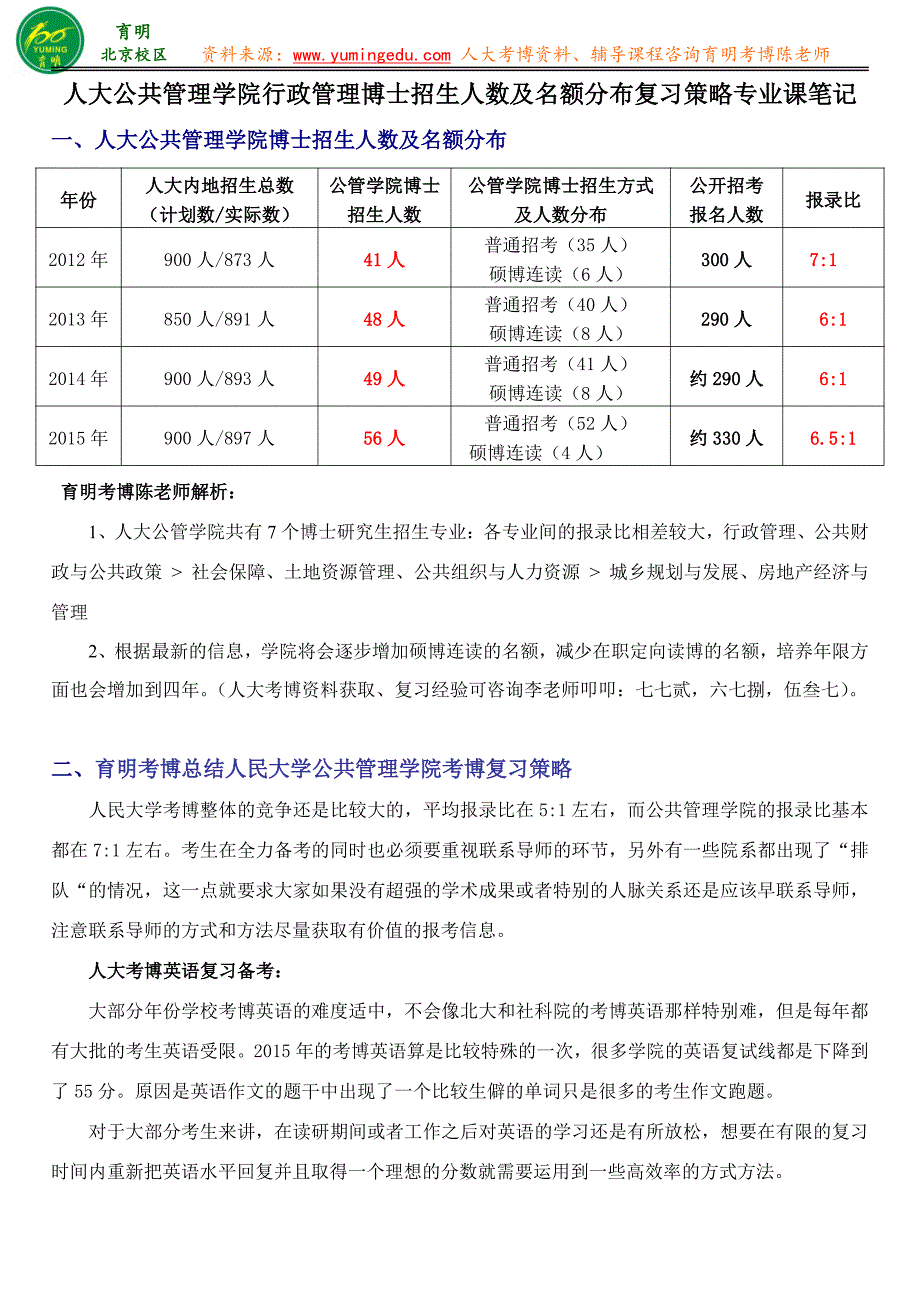2015人民大学行政管理博士复习策略招生人数及名额分布专业课笔记-育明教育_第1页