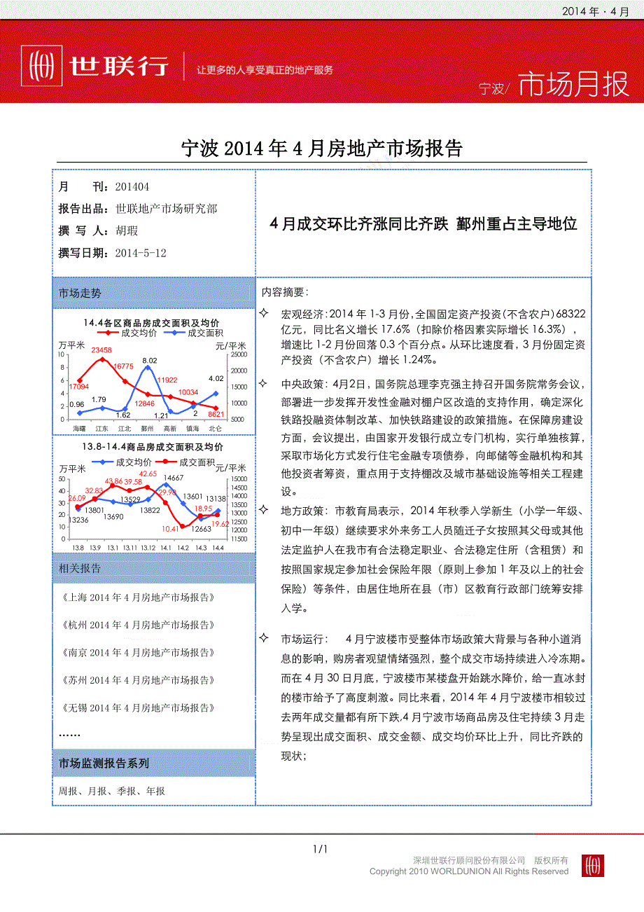 2014年4月宁波房地产市场月报_第1页