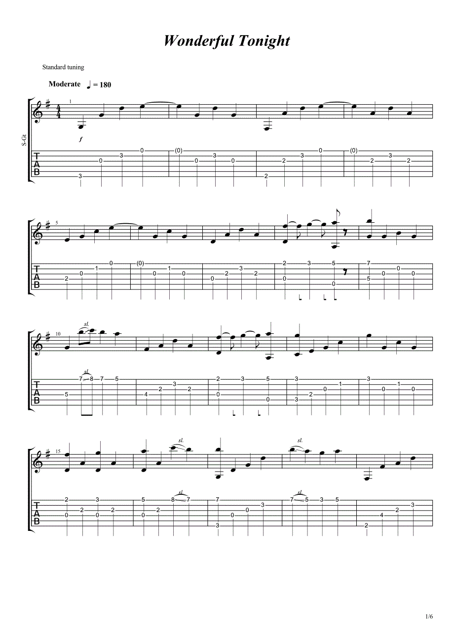 欧美流行金曲《Wonderfultonight》指弹吉他谱_第1页