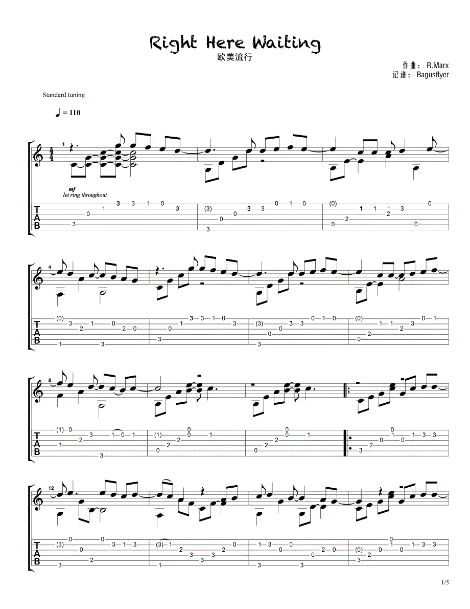 欧美流行《RightHereWaiting》指弹吉他谱_第1页