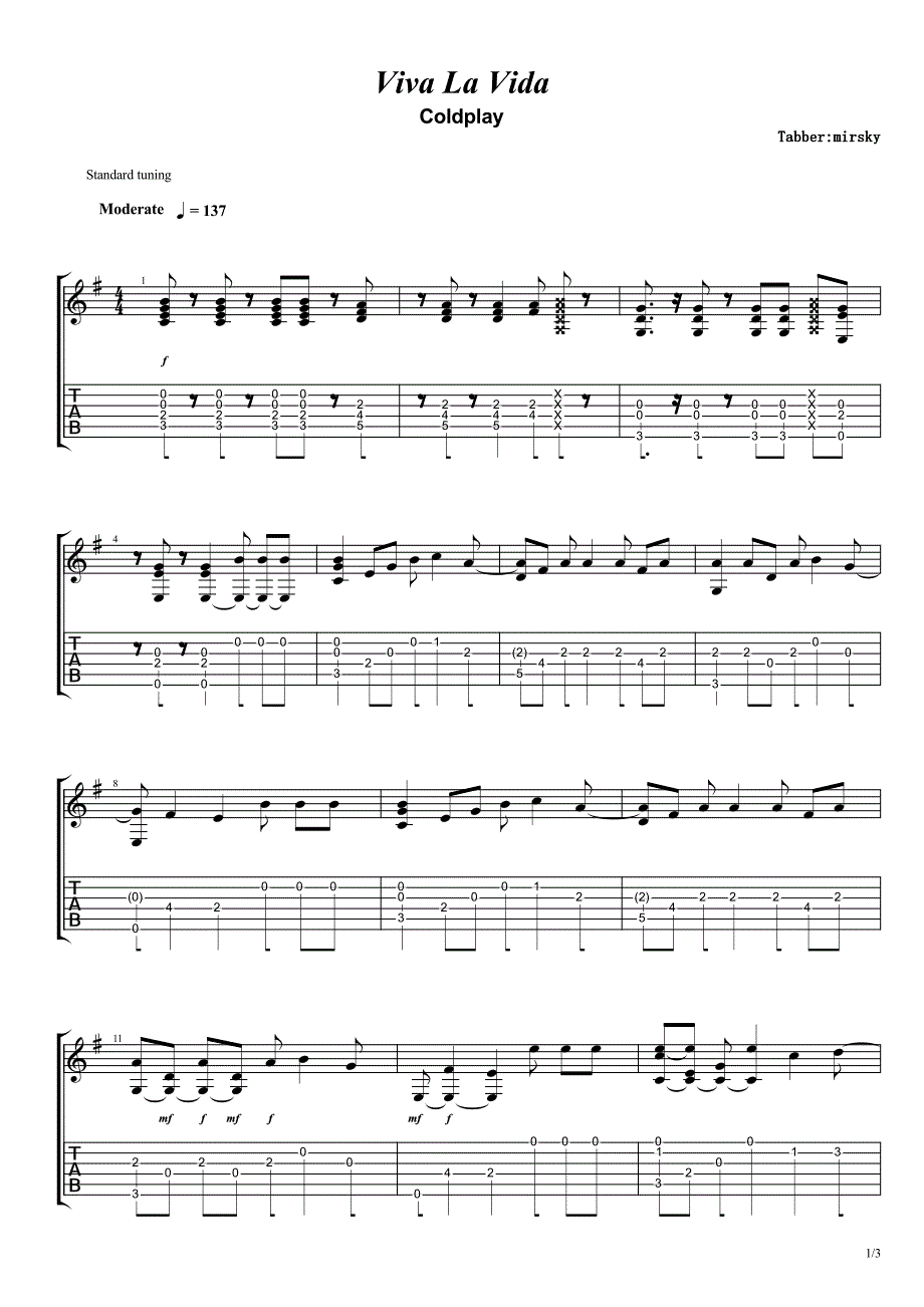 Coldplay《生命万岁-VivaLaVida》吉他独奏谱_第1页