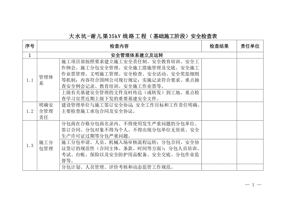 大水坑-谢儿渠35kV线路工程(基础施工阶段)安全检查表_第1页