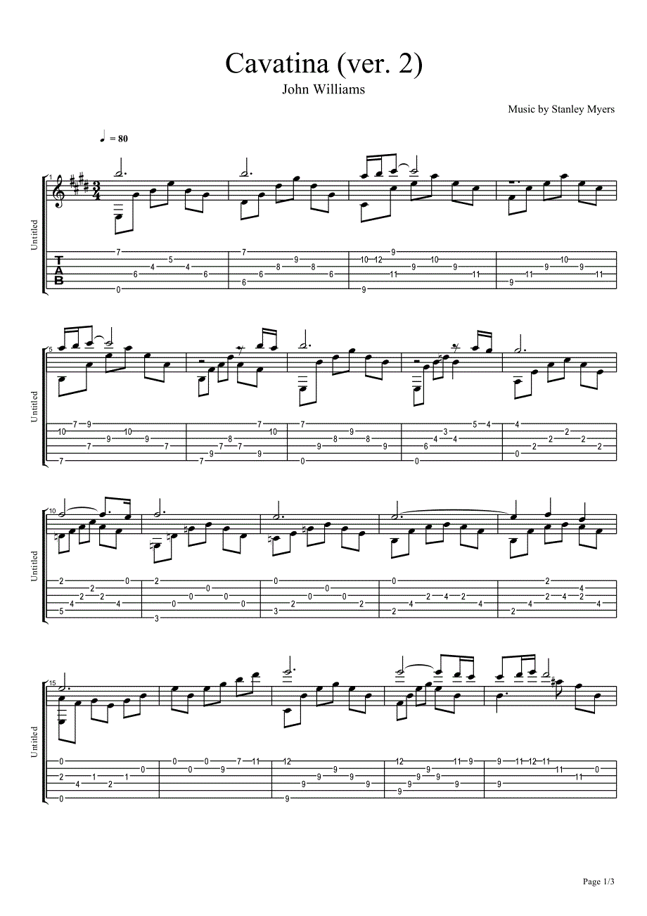 JohnWilliams《卡伐蒂娜-Cavatina》第二种版本吉他独奏谱_第1页