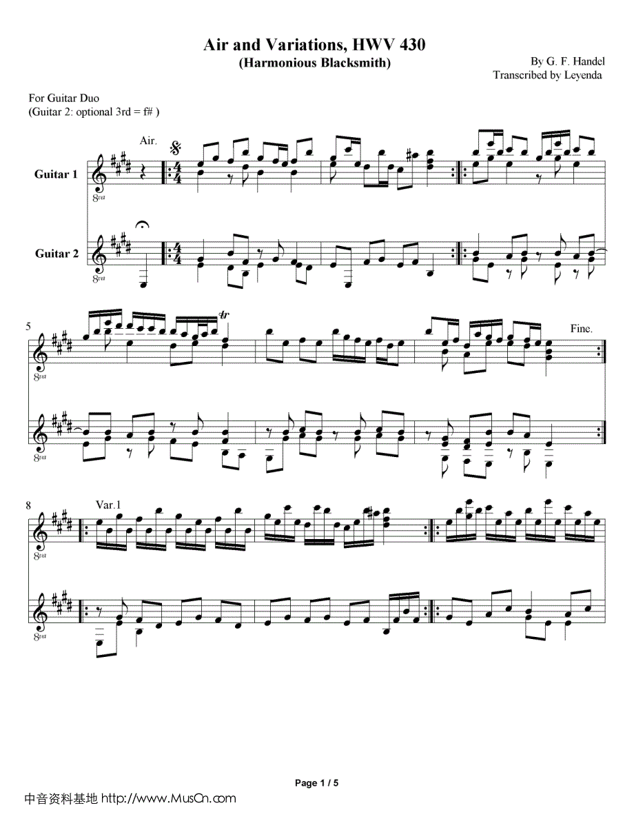 亨德尔《快乐铁匠HarmoniousBlacksmith》变奏曲吉他独奏谱_第1页
