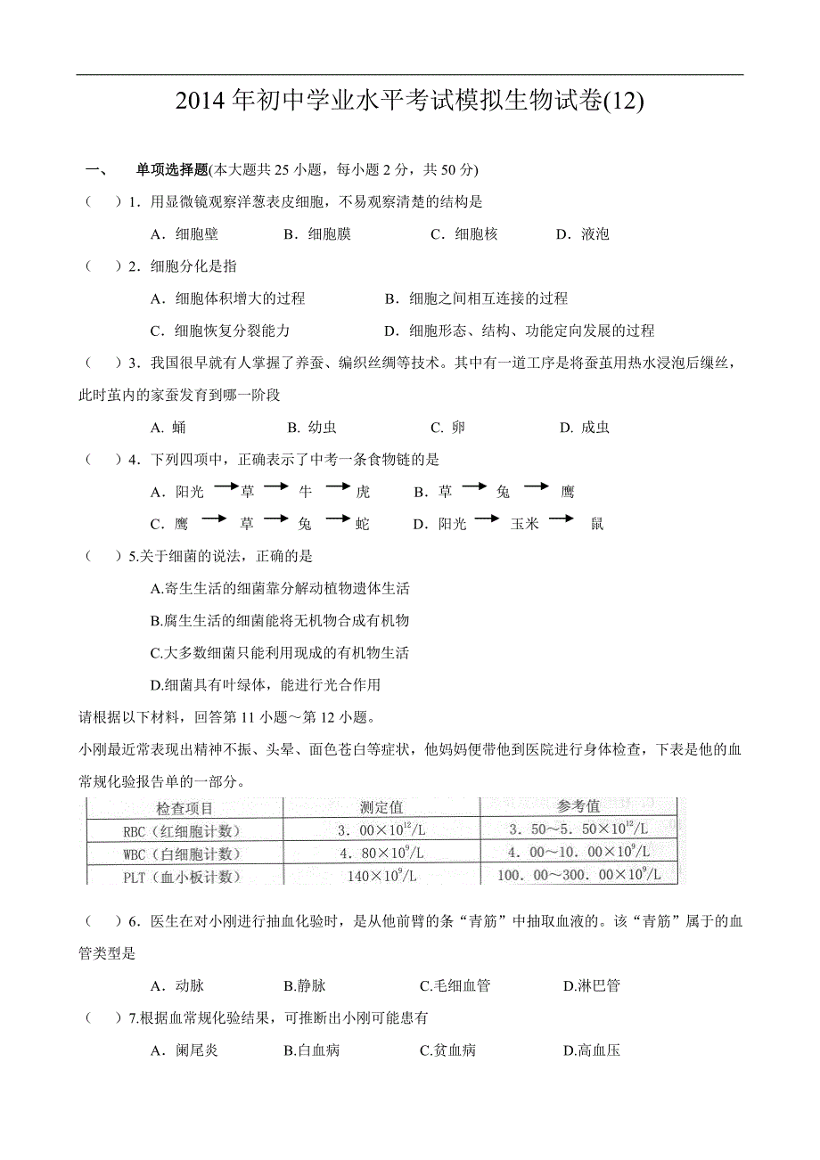 2014年初中学业水平考试模拟生物试卷(12)_第1页