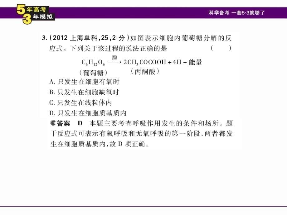 2014《5年高考3年模拟》B版(安徽专用)配套课件-生物专题5细胞呼吸_第5页