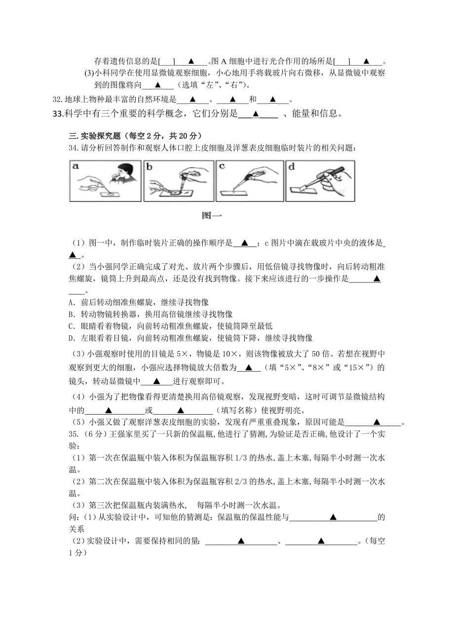 华师大科学七上期中试卷_第5页