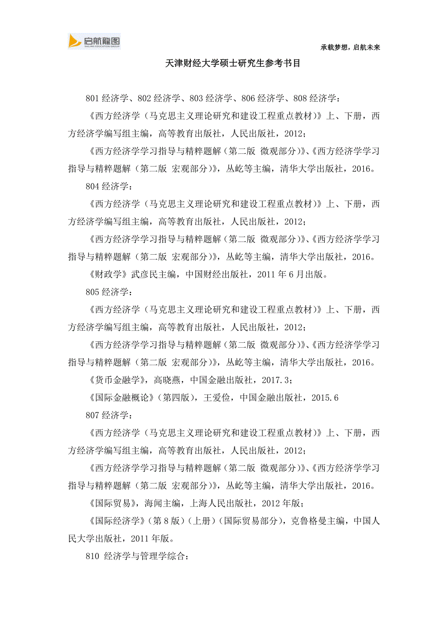 天津财经大学801经济学、802经济学、803经济学、806经济学、808经济学硕士研究生参考书目_第1页