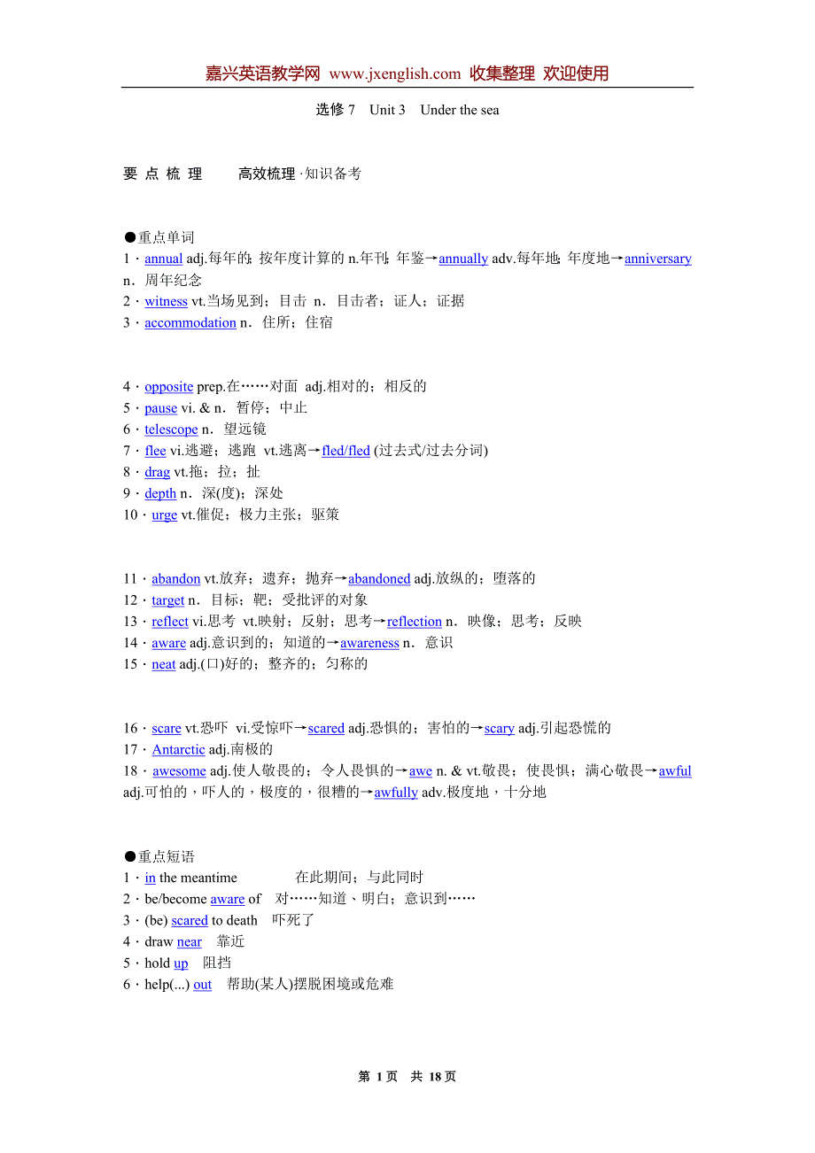 新人教一轮要点重点梳理突破-选修7Unit3Underthesea_第1页