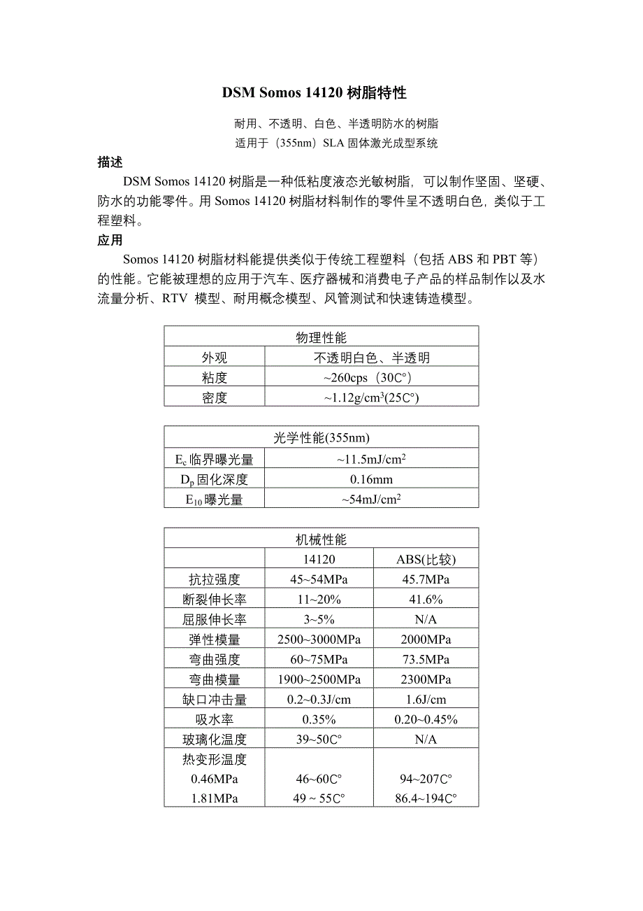 光敏树脂14120材料性能_第1页