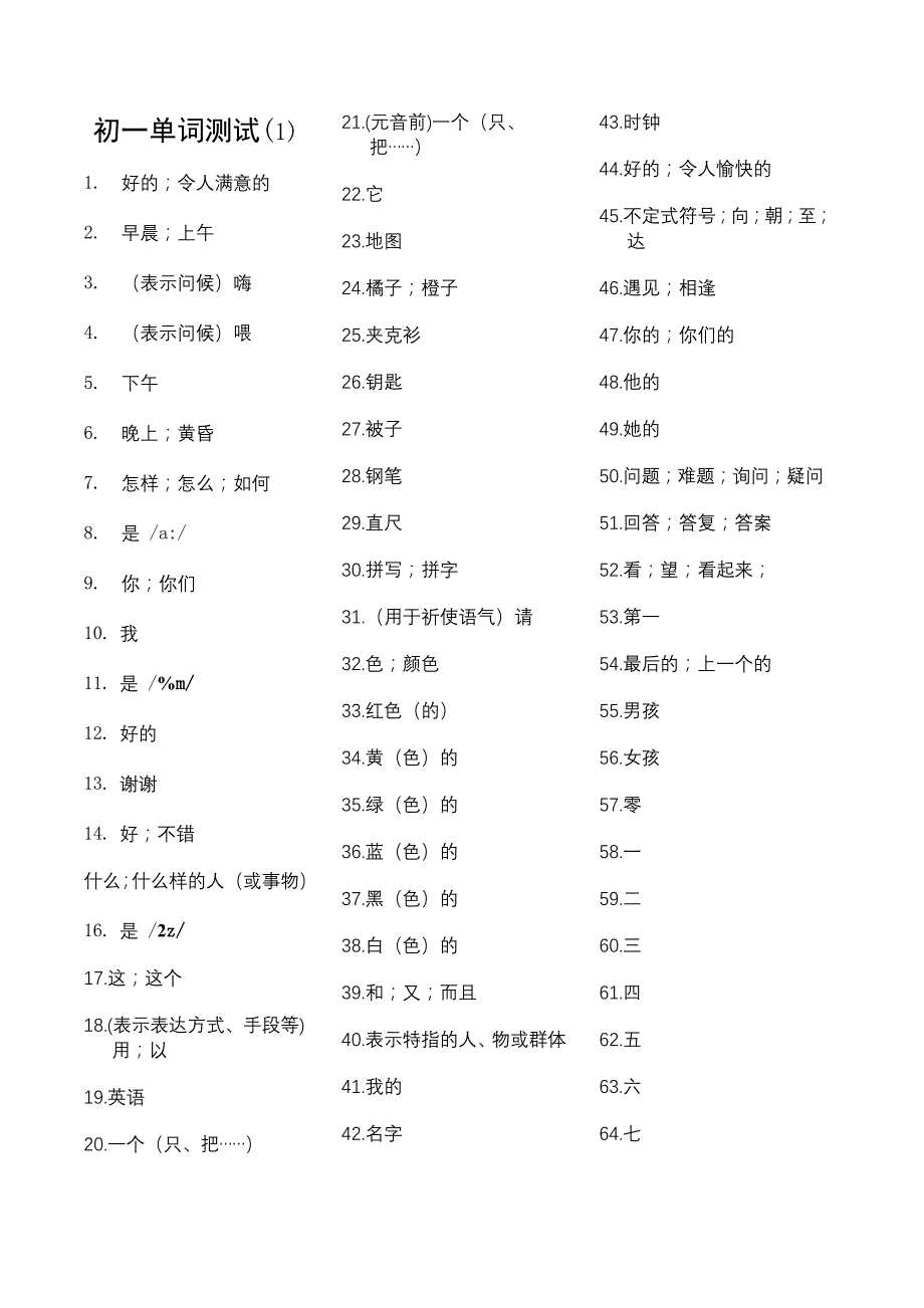 初一单词测试_第1页