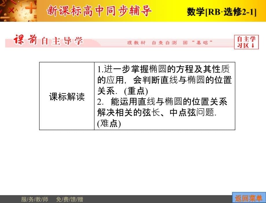 2014-2015学年高中数学人教B版选修2-1配套课件：2.2.2-椭圆的几何性质第2课时_第5页