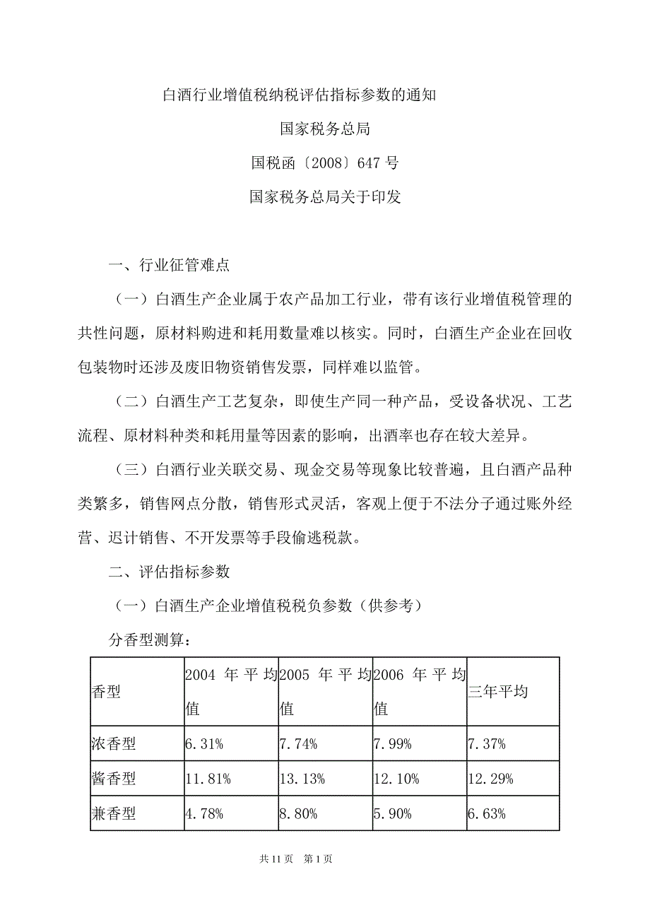 白酒行业增值税纳税评估指标参数的通知_第1页