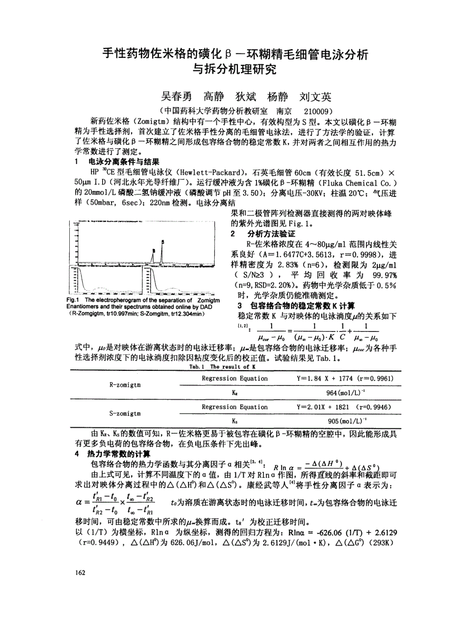 手性药物佐米格的磺化β环糊精毛细管电泳分析与拆分机理研究_第1页