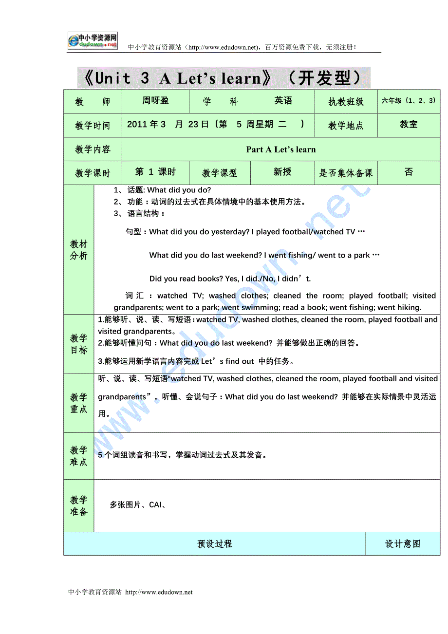 PEP人教版小学英语六级下册教案Unit 3A Let's learn_第1页