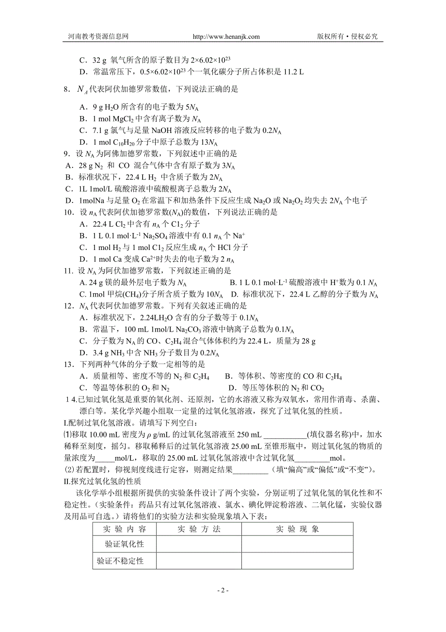 化学：必修一复习测试(1)(新人教版必修1)_第2页