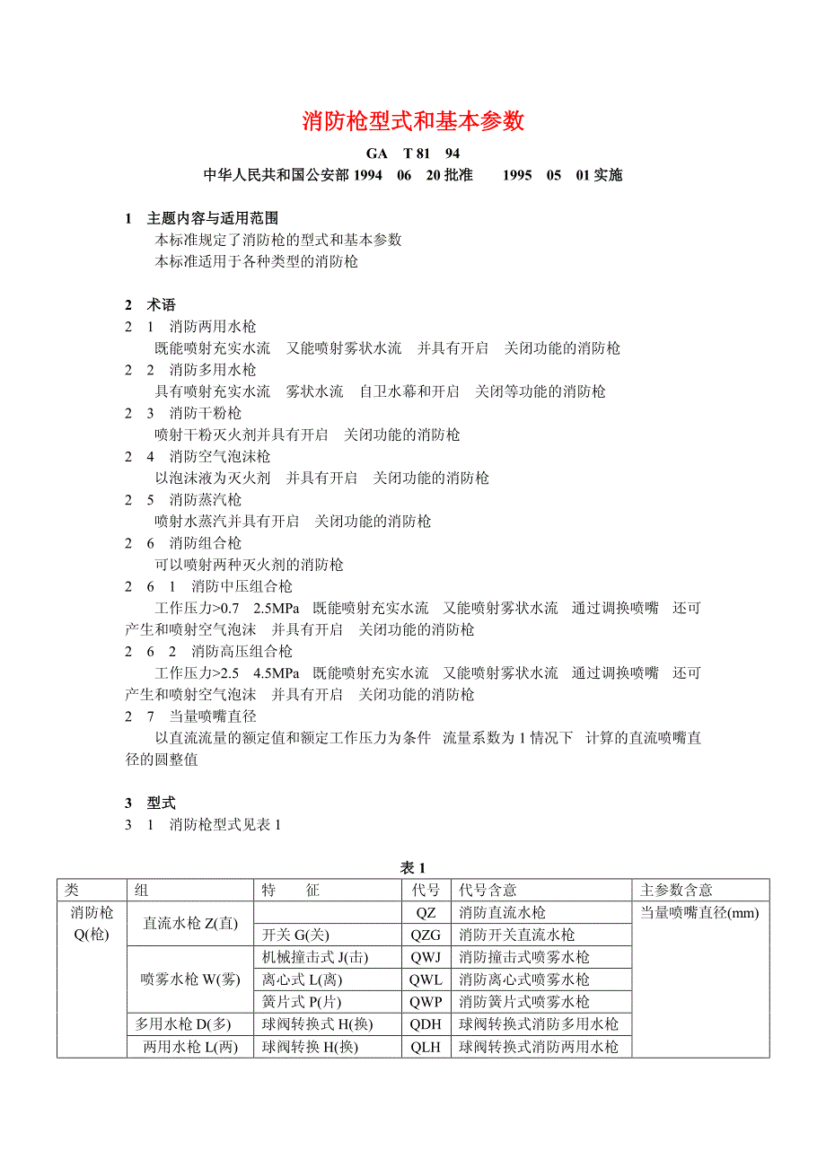 消防枪型式和基本参数_第1页