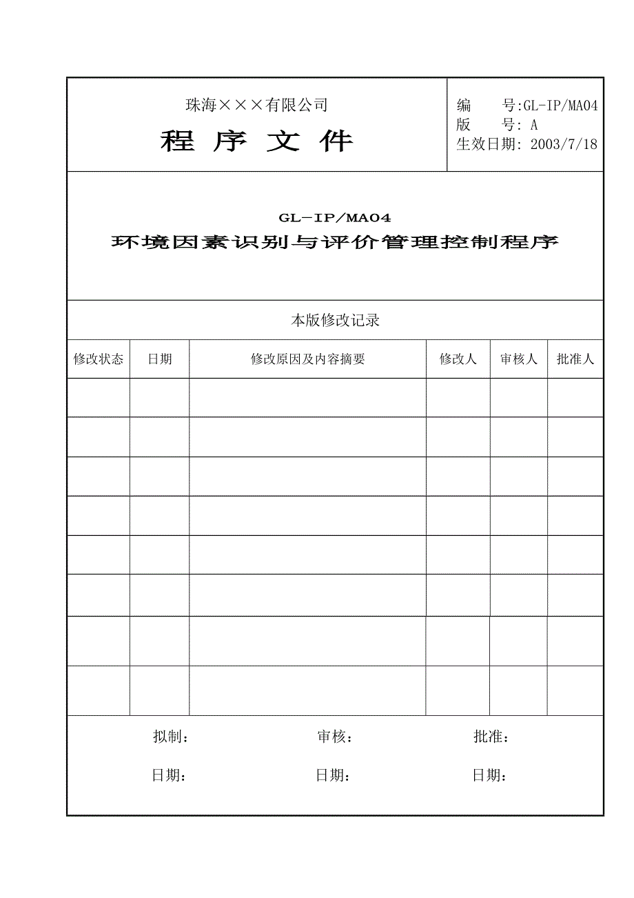 环境因素识别与评价管理控制程序（经典作品_第1页