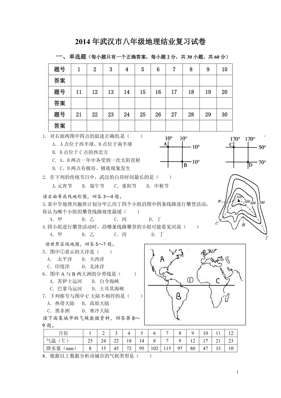 2014年初中地理结业复习试卷_第1页
