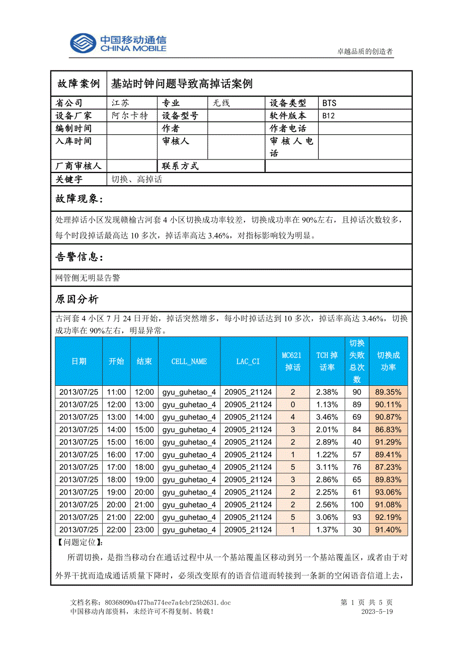 案例-基站时钟问题导致小区掉话_第1页