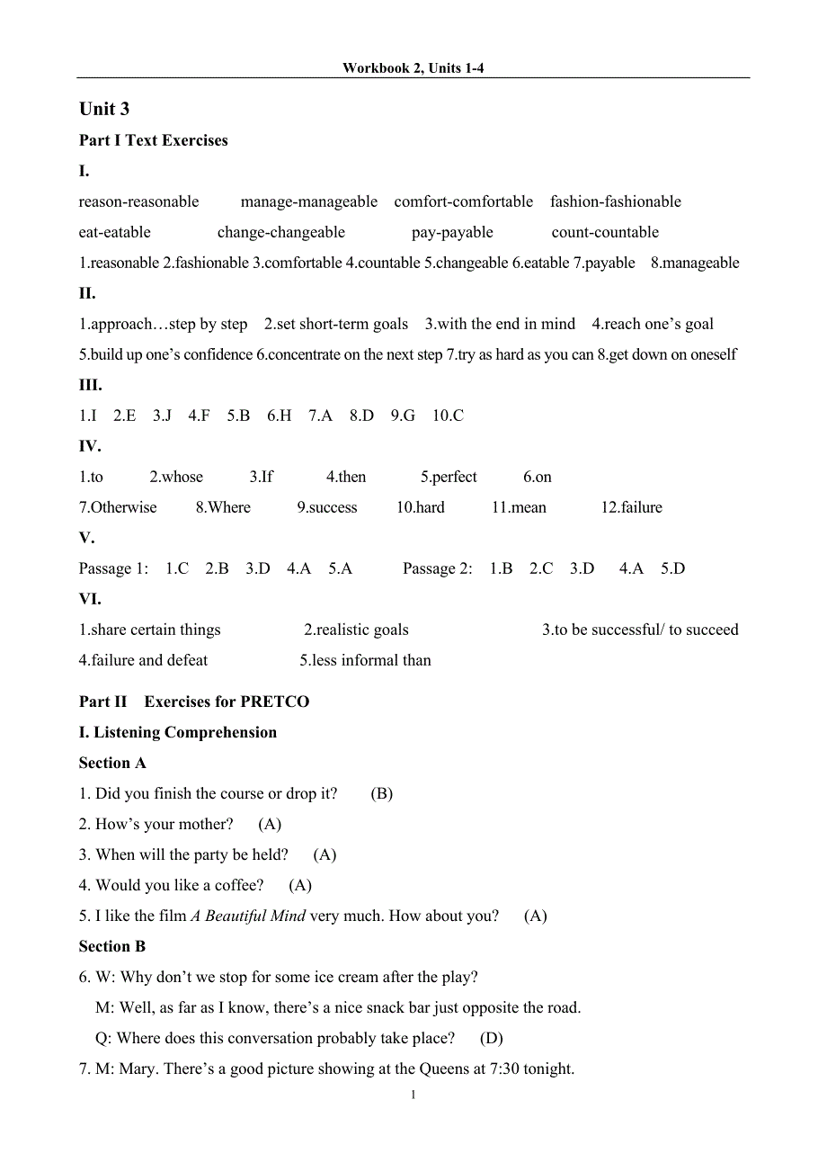 练习册答案Unit3和Unit4_第1页