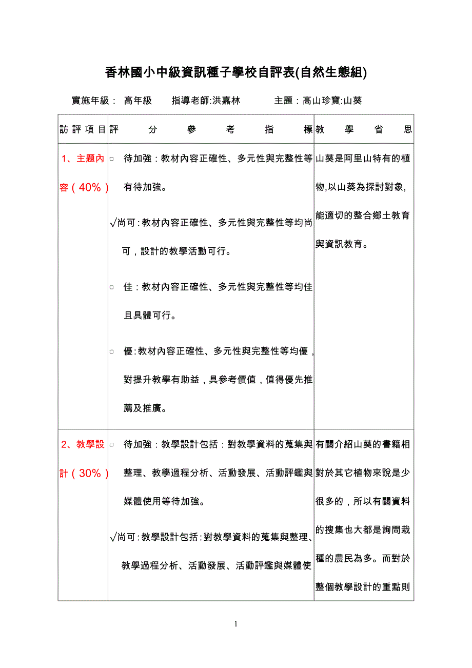 香林国小中级资讯种子学校自评表(自然生态组)_第1页