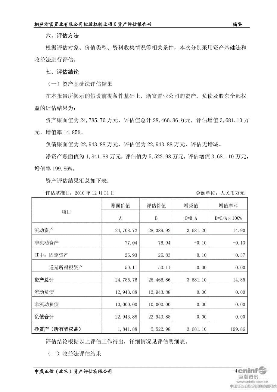 浙富股份：桐庐浙富置业有限公司拟进行股权转让涉及的股东全部权益价值评估项目资产评2011-06-09_第5页