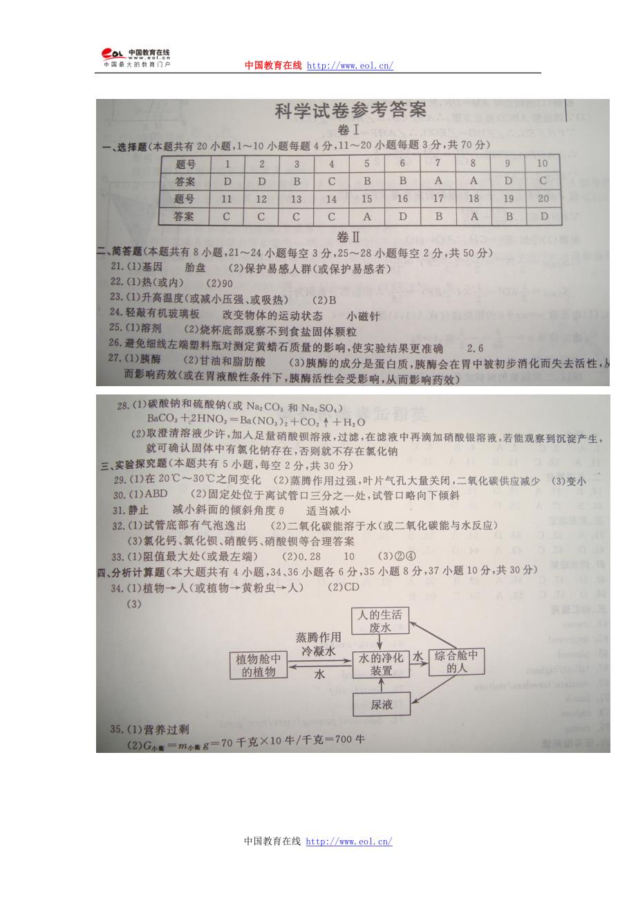 2014浙江丽水中考科学答案_第1页