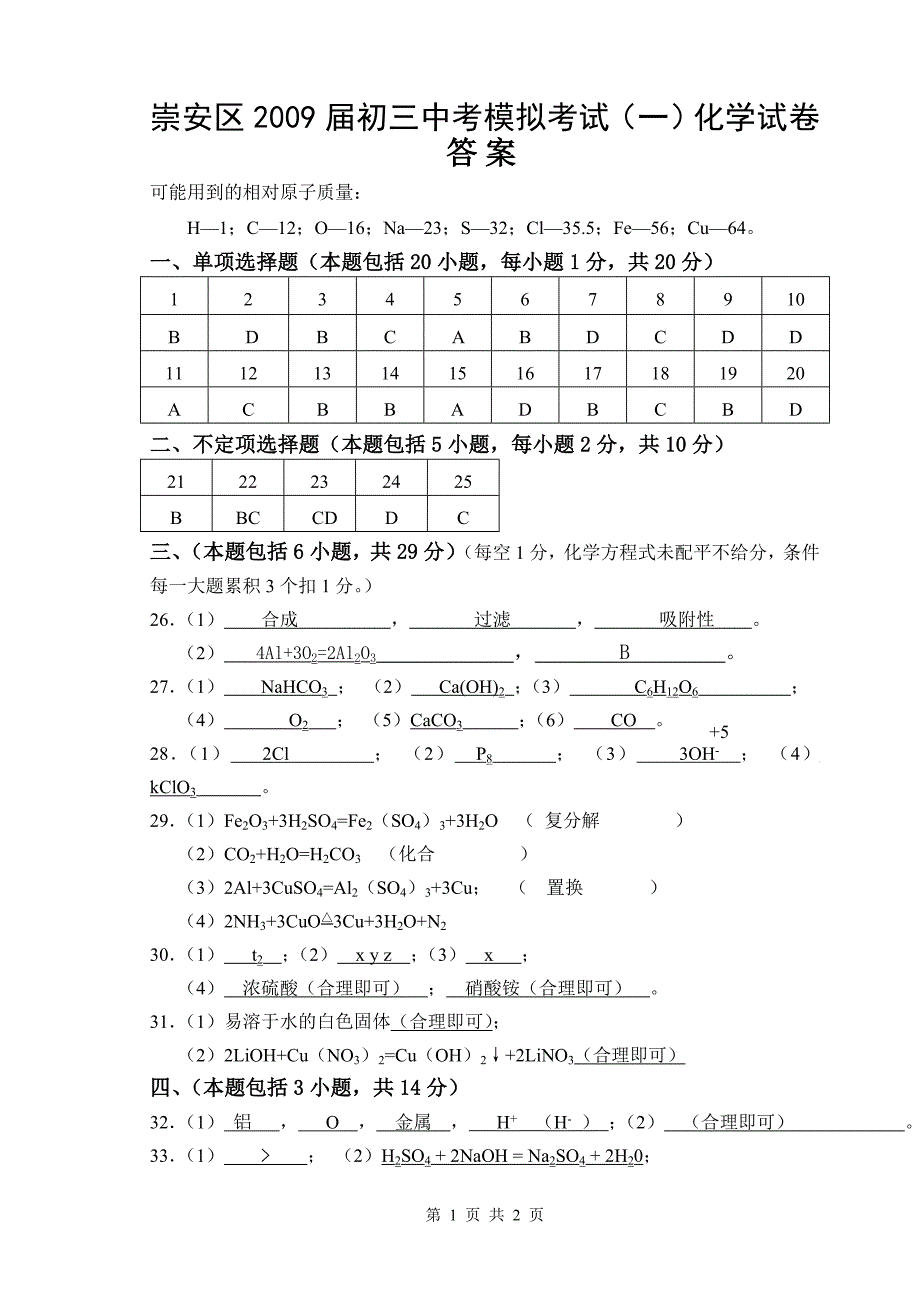 2009年崇安区初三一模化学试卷答案_第1页