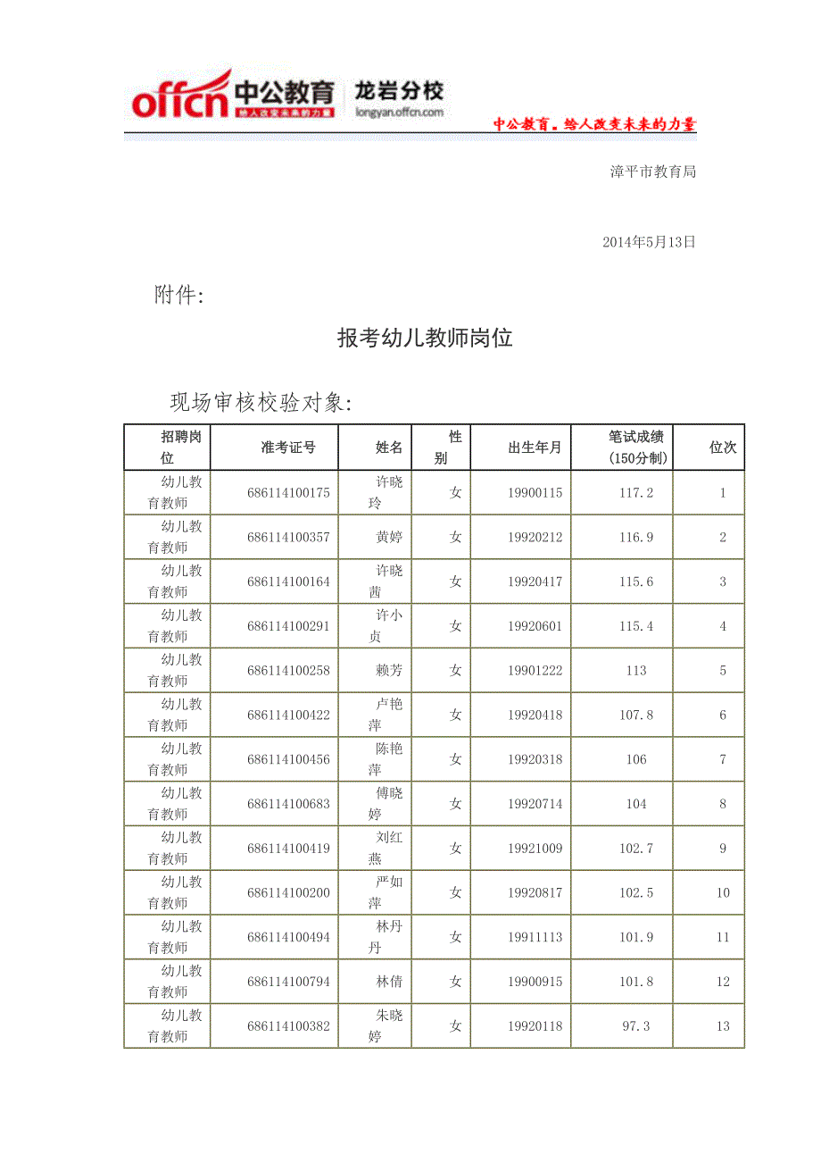 2014年龙岩漳平市幼儿园教师面试公告_第3页