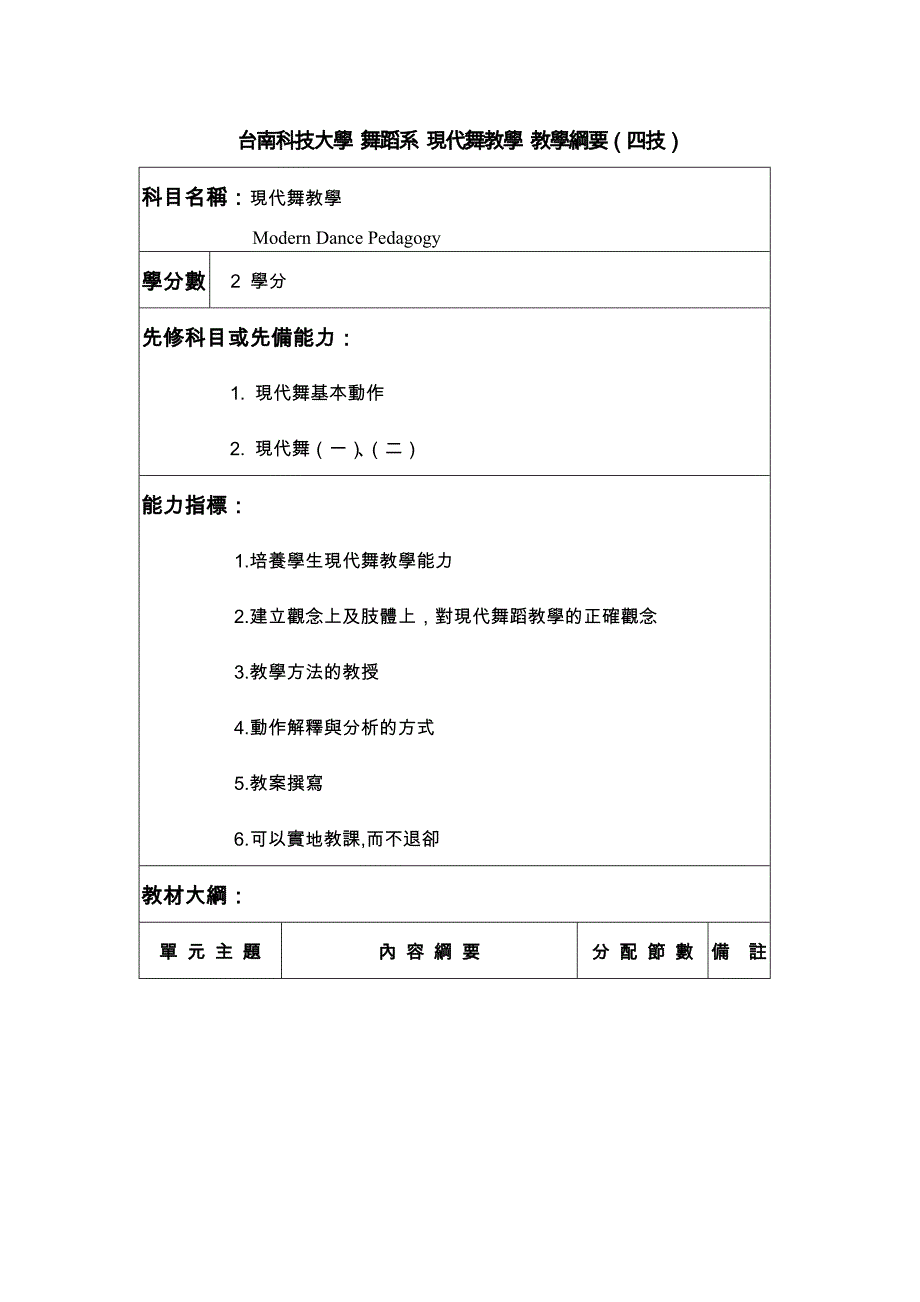 台南女子技术学院舞蹈系现代舞教学教学纲要（四技）_第1页