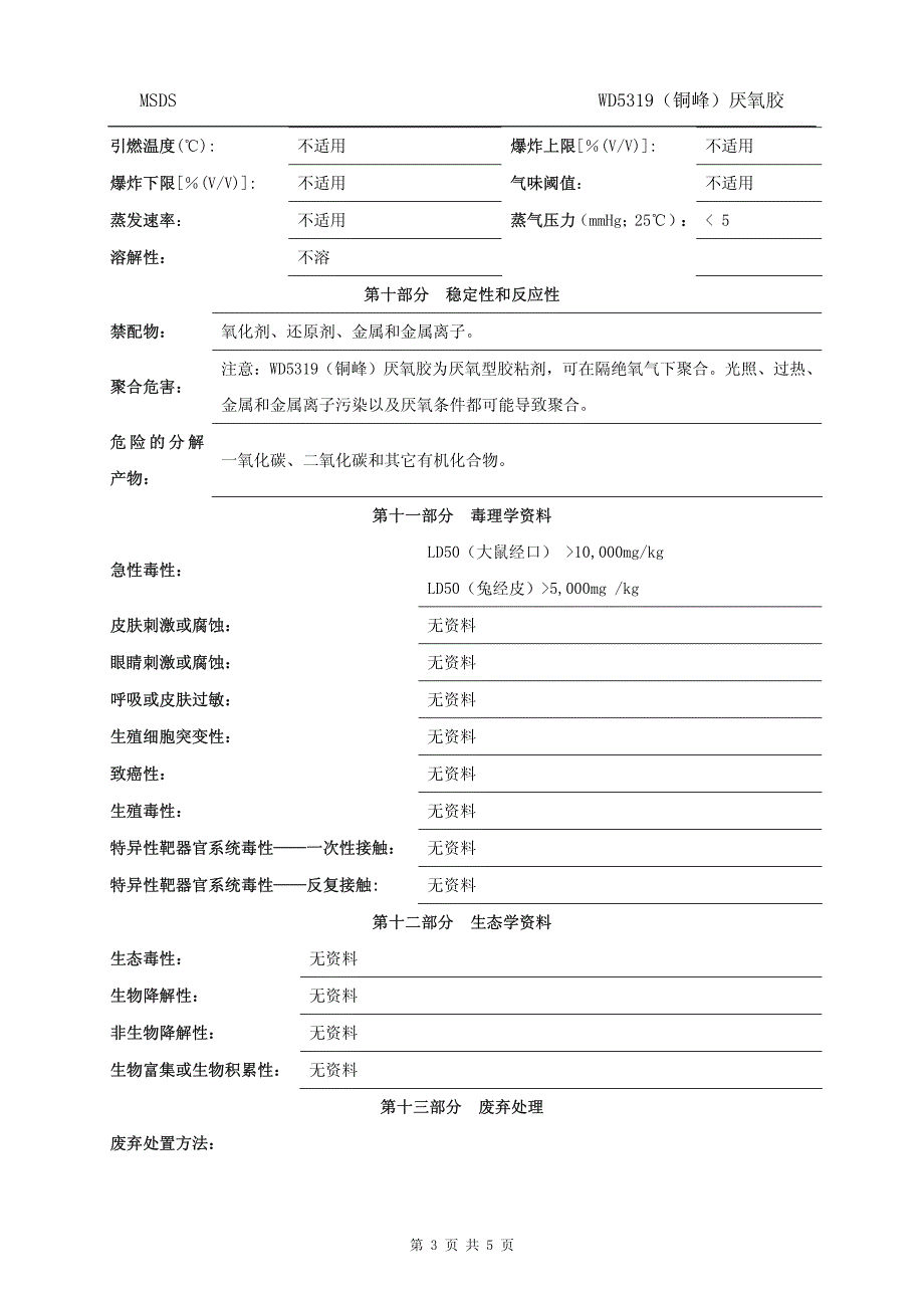 化工企业之产品安全数据说明书（wd5319）铜峰_第3页