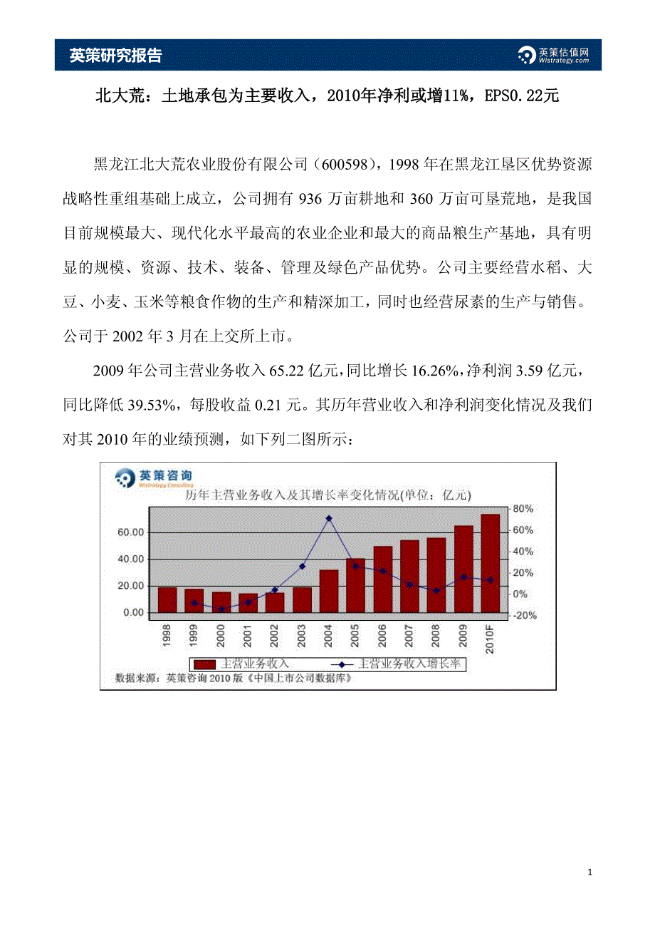 北大荒：土地承包为主要收入,2010年净利或增11ps0.22元_第1页