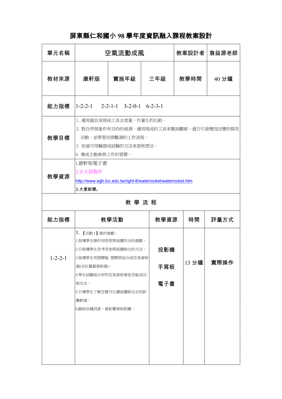 屏东县仁和国小98学年度资讯融入课程教案设计_第1页