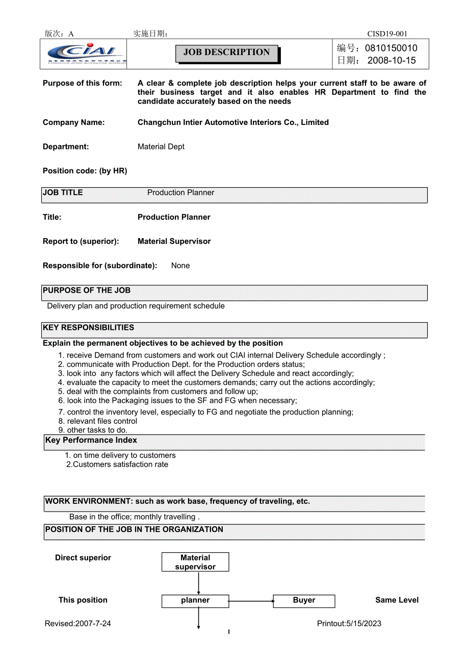 汽车饰件企业管理之jobdescriptionformforchangchun-productionplanner_第1页